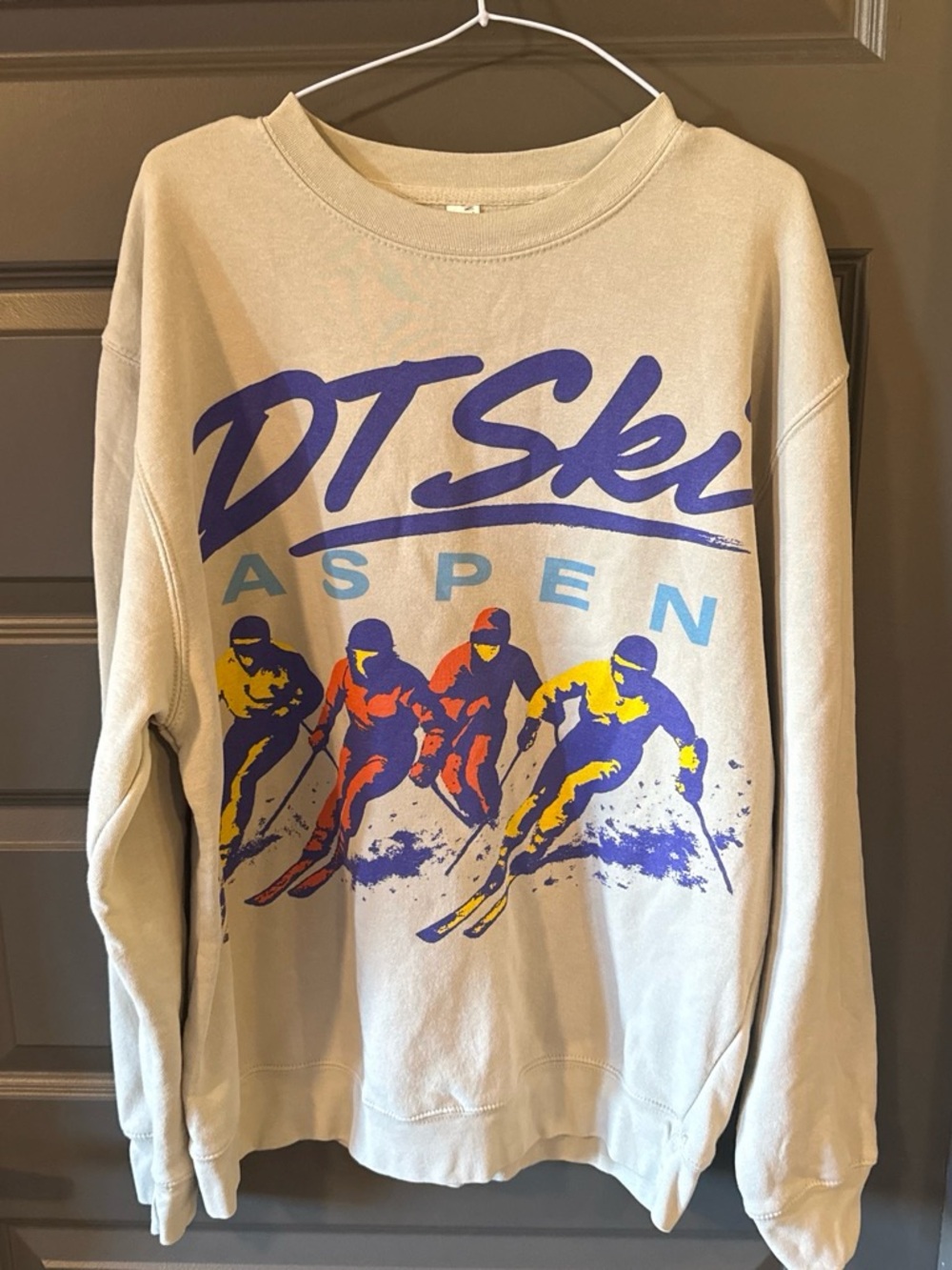 Men's Lane Seven Aspen Ski Crewneck Sweatshirt Beige Graphic Pullover Size L